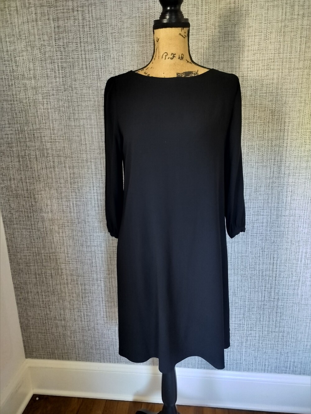 Eileen Fisher Black Shift Dress Size XXS/TTP 3/4 Sleeve 💯 Silk